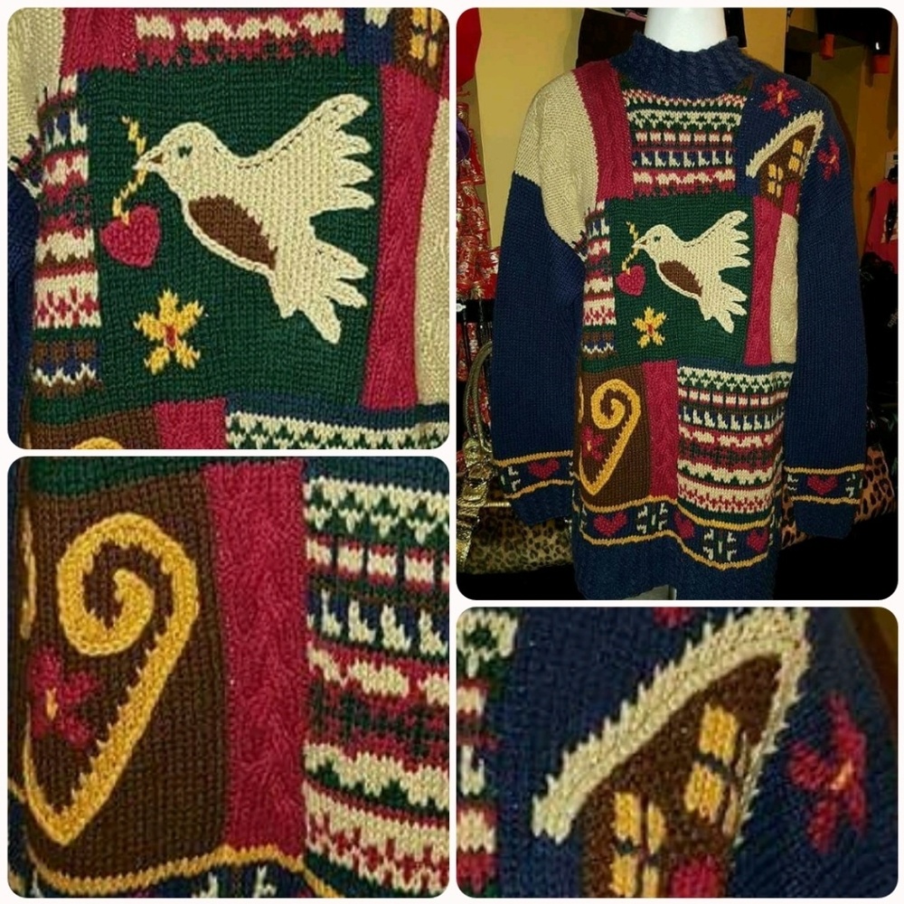 🕊 VTG A+ HANDKNIT UGLY XMAS HOLIDAY DOVE SWEATER